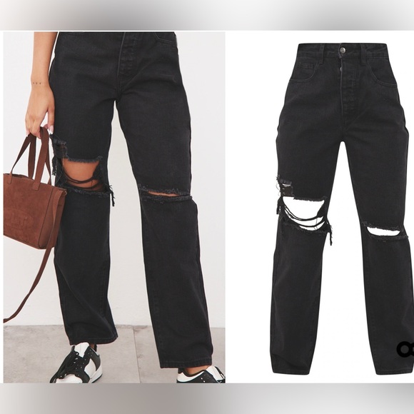 PRETTYLITTLETHING Washed Black Knee Rip Boyfriend Jeans - Picture 3 of 12